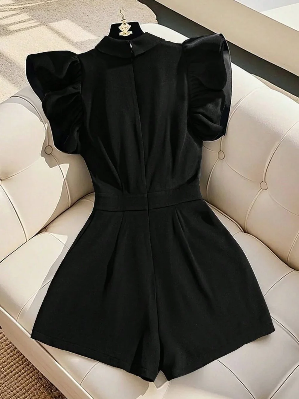 Black Casual Women's Cap Sleeve Blazer Collar Jumpsuit - Picture 2 of 4